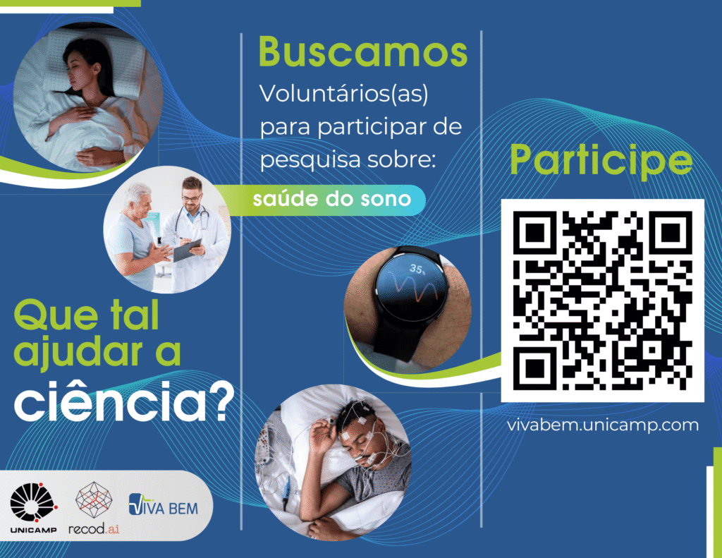 Folder convidando pessoas com disúrbio do sono para participarem de um estudo realizado pelo hub Viva Bem do Laboratório de Inteligência Artificial (Recod.ai). Na imagm há figuras de pessoas dormindo, realizando o exame de polissonografia e um QR code de acesso ao formulário de participação no estudo mencionado.